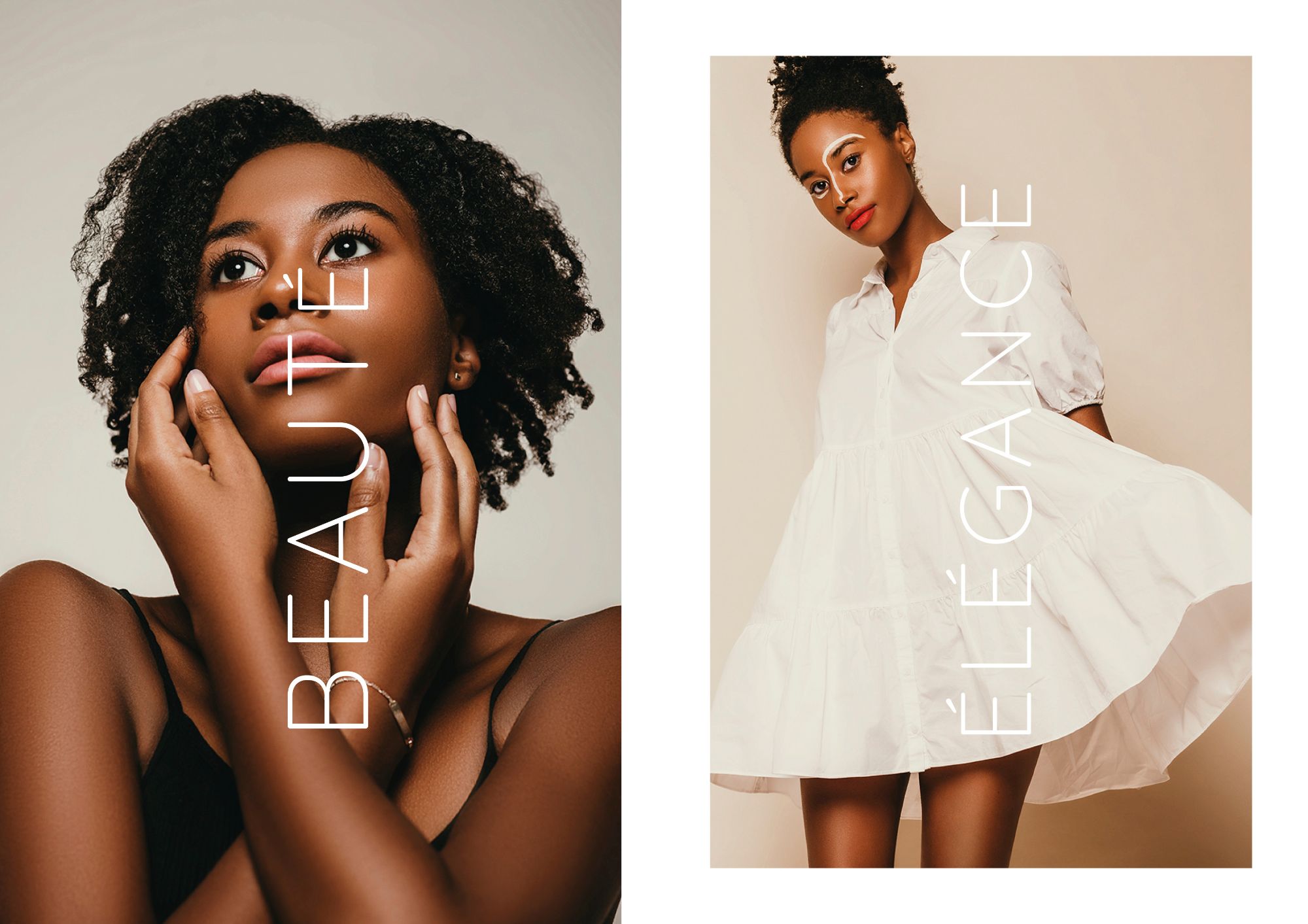 Black girl portrait white dress and typo 