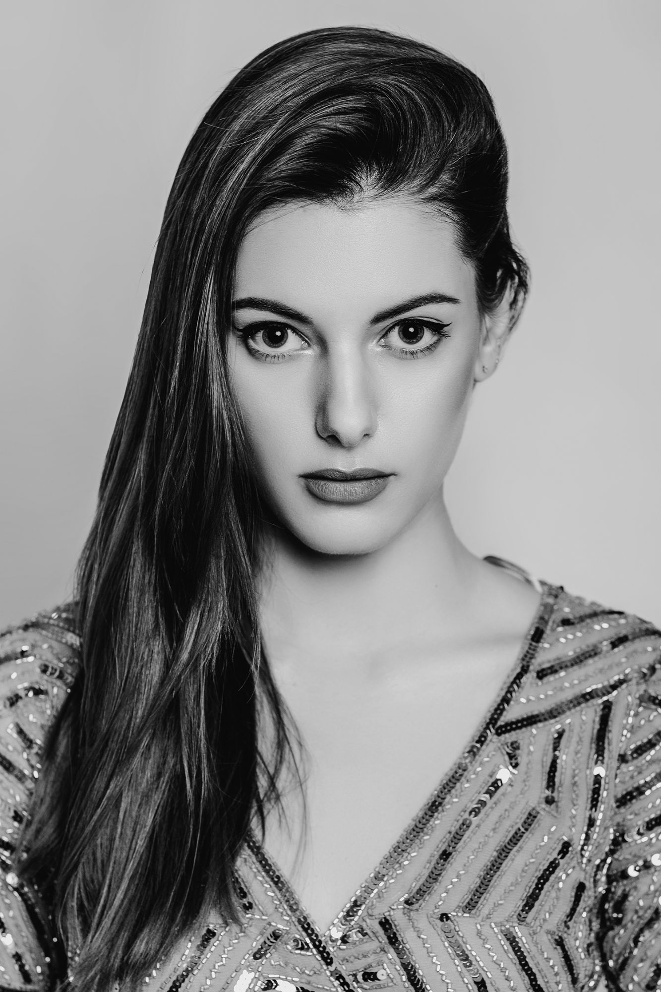 black and white portrait from a model with dark hair