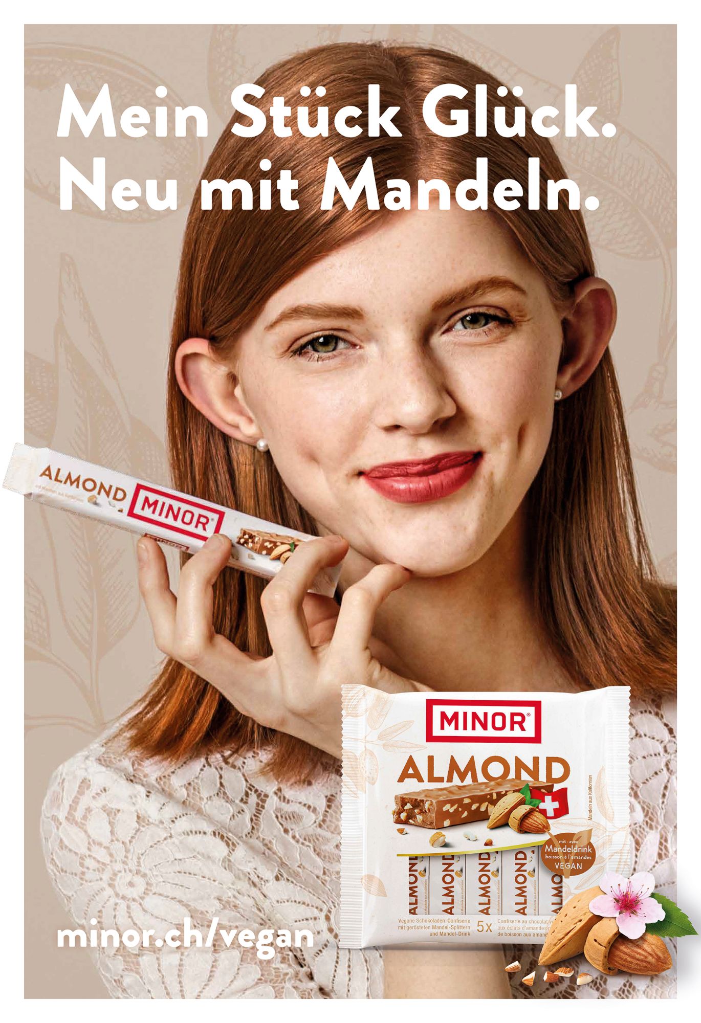 red hair young woman holding a choccolat bar advertising minor almond