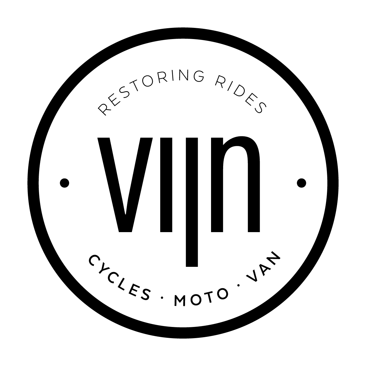 black and white logo, circle with type vijn moto cycle van text